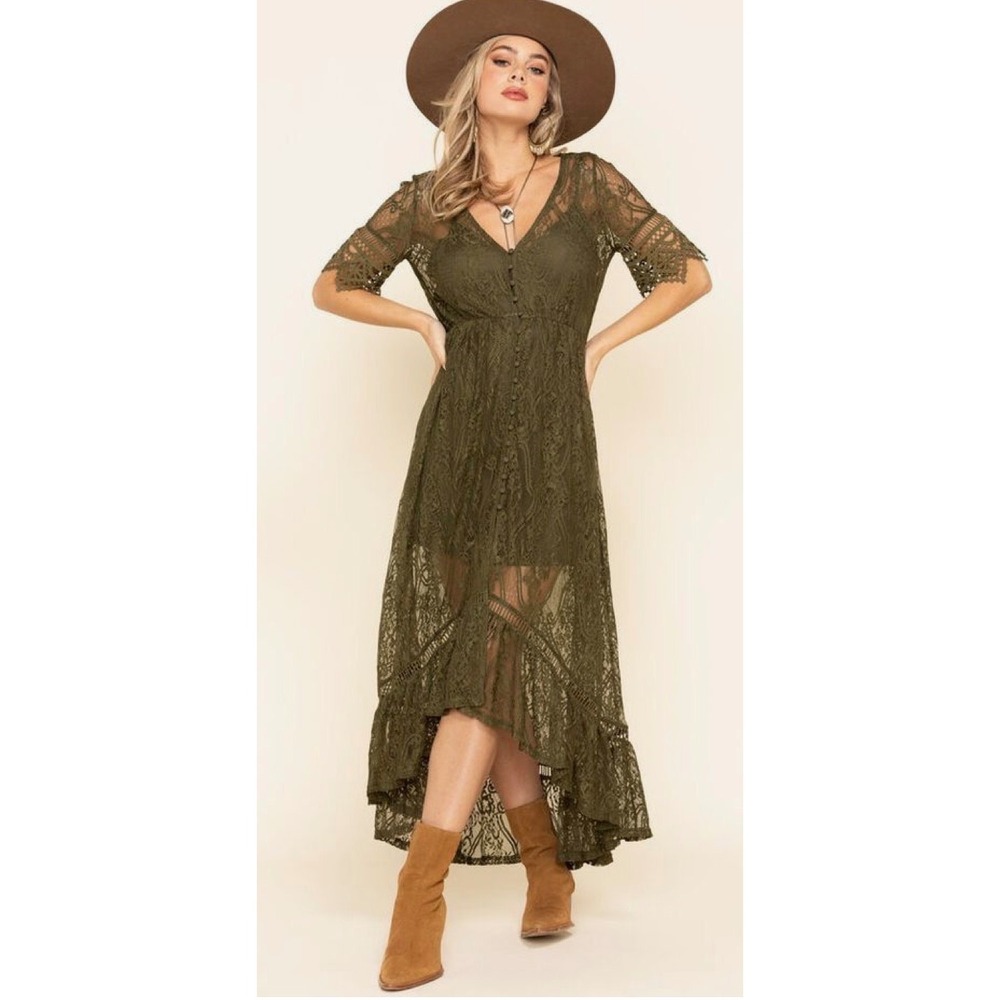 Shyanne Women's Olive Green Lace High Low Maxi Dress Boho Western Size Large